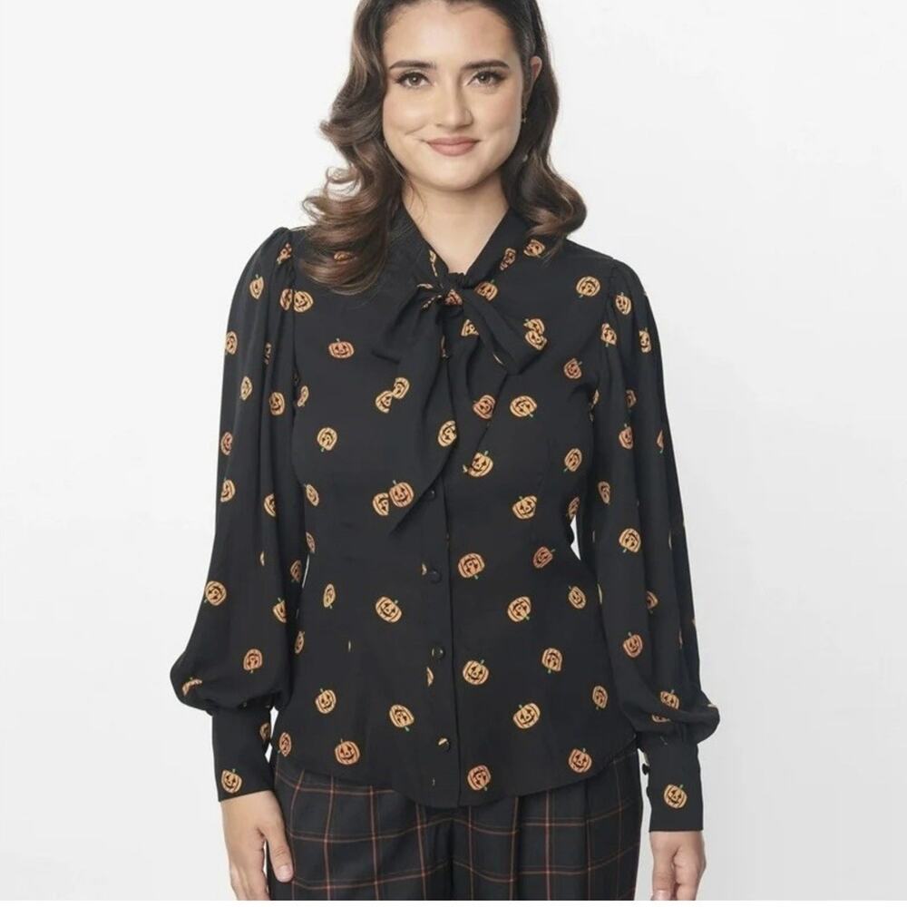 Unique Vintage Halloween Jack o lantern Blouse Tie Neck Plus Size 3X